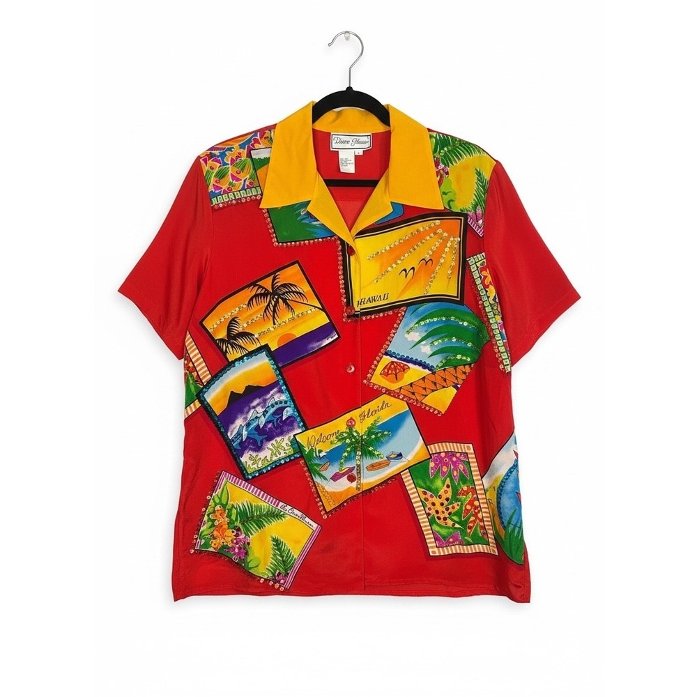 Diane Gilman Silk Tropical Postcard Sequin Shirt Red Yellow Hawaii Florida L